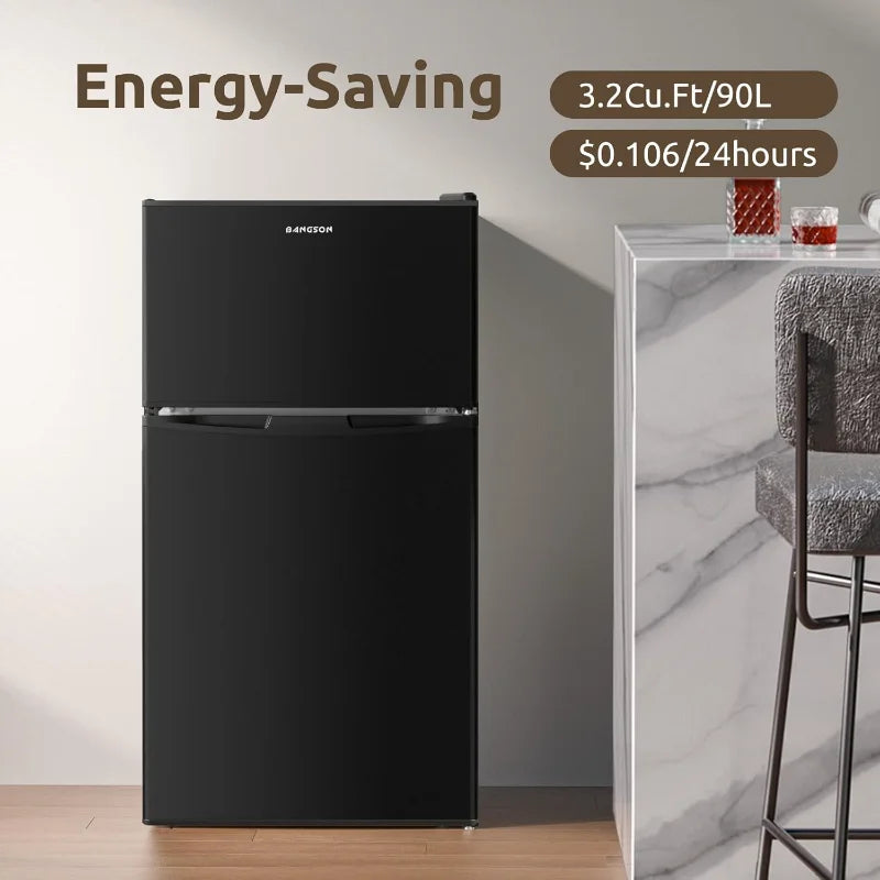 BANGSON Mini Fridge with Freezer, 2 Door Small Refrigerator with Freezer, Mini Fridge for Bedroom, 3.2 CU.FT, For Home, Office