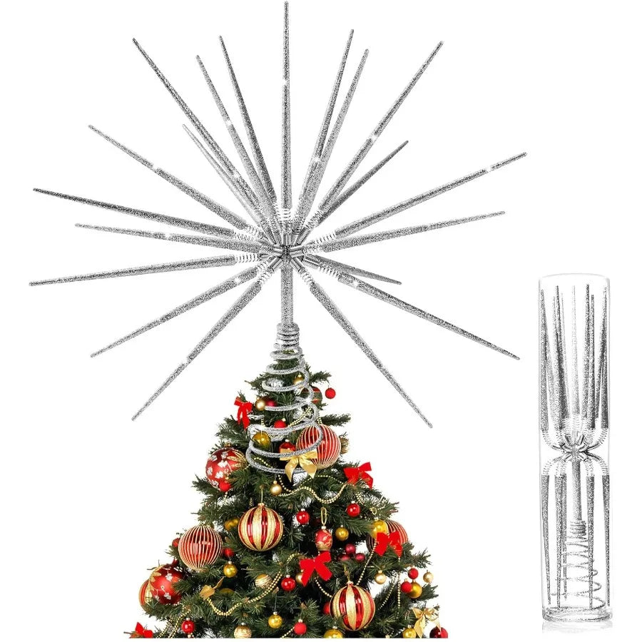 Elegant Silver Christmas Tree Topper 13.7 Inch with Star Burst Design for Holiday Decorations Perfect for Home Office and Event