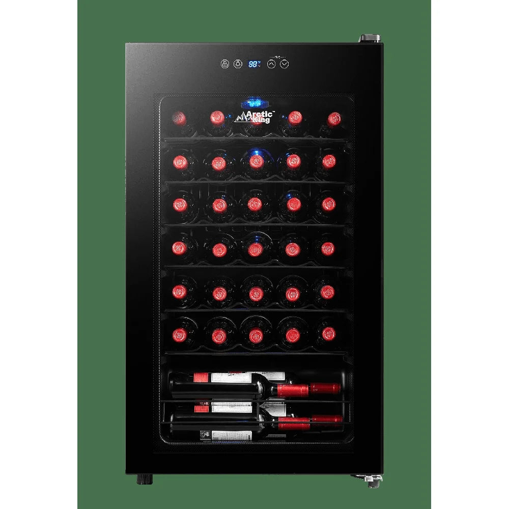 Premium 34-Bottle Wine Cooler Adjustable Temperature Glass Door LED Lighting Compact Design Kitchen Dining Room Wine Cellar