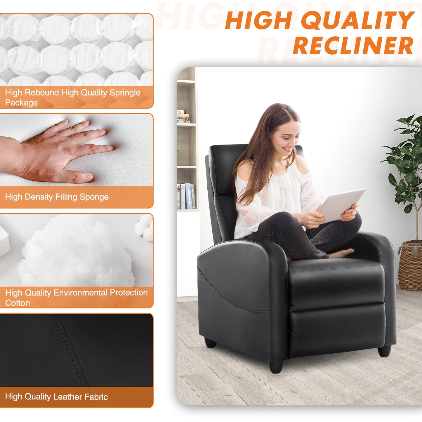 JHK Recliner Chair Massage Sofa Fabric Lumbar Support