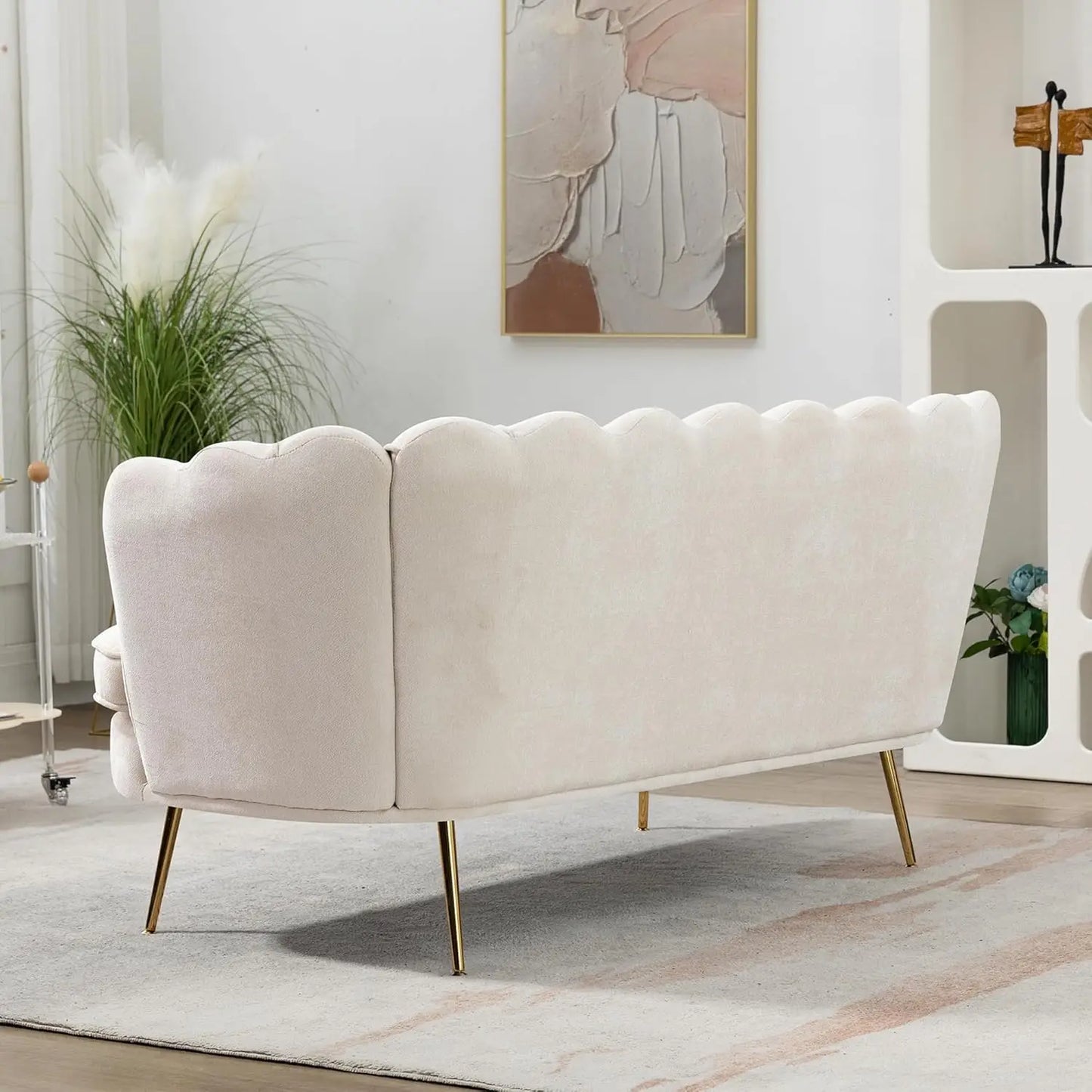 XMSJ Modern Chenille Loveseat Sofa Flower Back Gold Legs