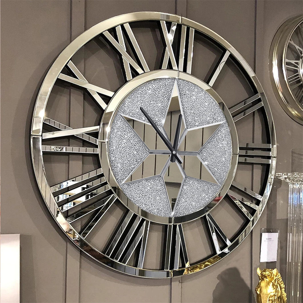 Combination Mirror Wall Clock Skeleton Roman Numeral Round