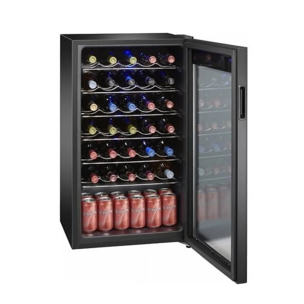Premium 34-Bottle Wine Cooler Adjustable Temperature Glass Door LED Lighting Compact Design Kitchen Dining Room Wine Cellar