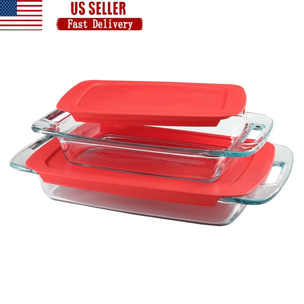 Easy Grab Glass Bakeware Set 4 Piece Durable Tempered Glass Baking Dishes with Secure Lids Easy Transport Dishwasher Safe Oven