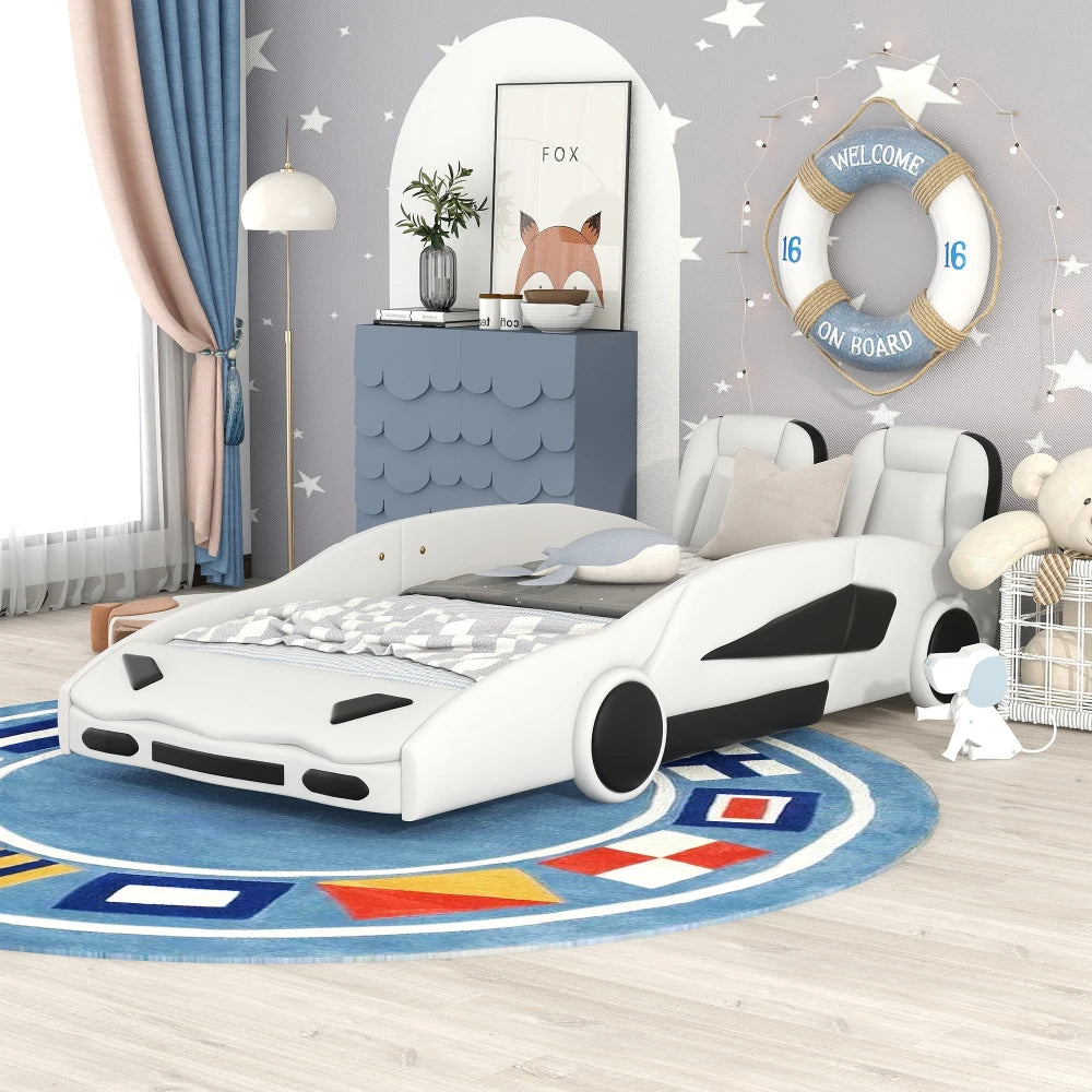JUANLI Race Car Shaped Platform Bed With Wheels For Kids