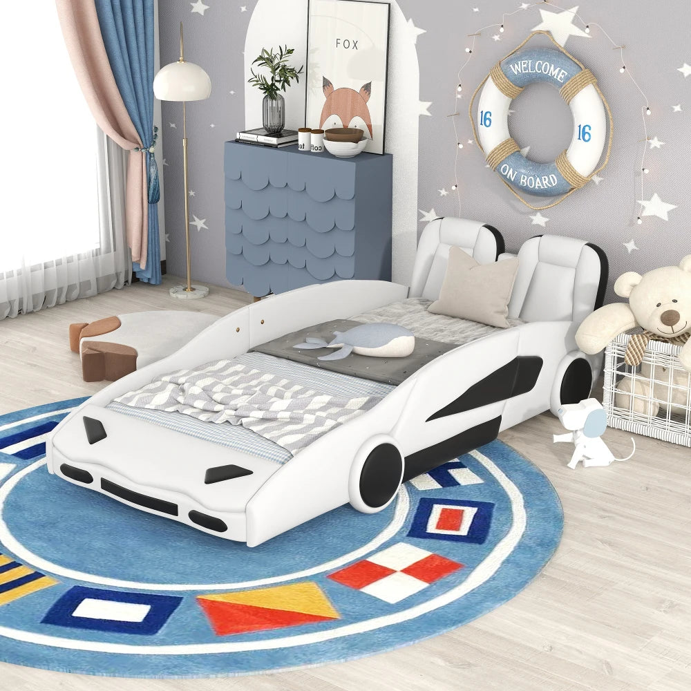 JUANLI Race Car Shaped Platform Bed With Wheels For Kids
