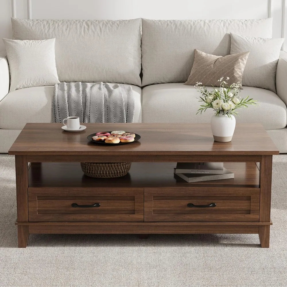 ANGDUO Farmhouse Coffee Table With Drawers Open Shelf