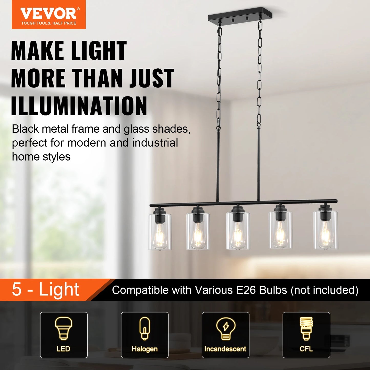 VEVOR 5 Light Kitchen Island Pendant Lights 60W Glass Shade