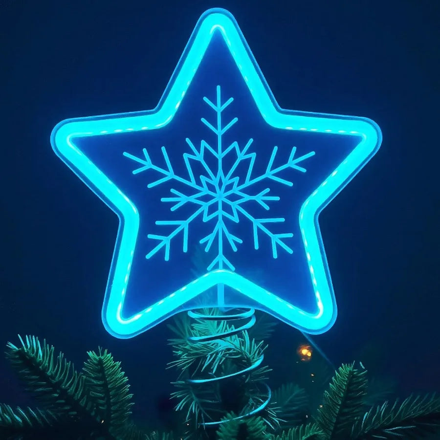 Christmas Star Tree Topper with LED Blue Light Snowflake Design USB or Battery Operated Perfect for Indoor Office and Home Holi