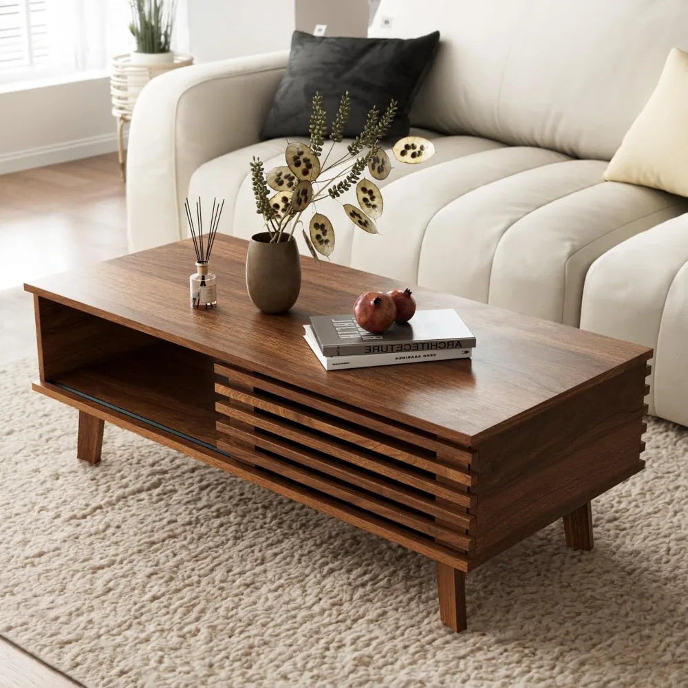 DAFIFY Mid Century Coffee Table With Storage Sliding Door