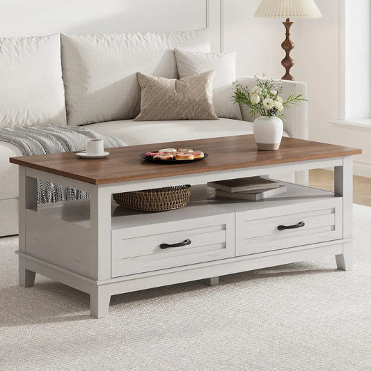 ANGDUO Farmhouse Coffee Table With Drawers Open Shelf