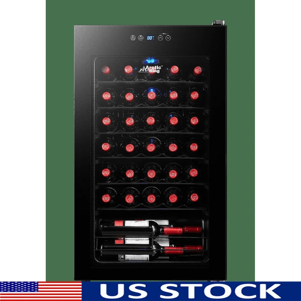 Premium 34-Bottle Wine Cooler Adjustable Temperature Glass Door LED Lighting Compact Design Kitchen Dining Room Wine Cellar