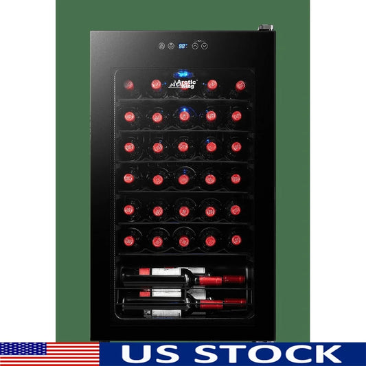 Premium 34-Bottle Wine Cooler Adjustable Temperature Glass Door LED Lighting Compact Design Kitchen Dining Room Wine Cellar