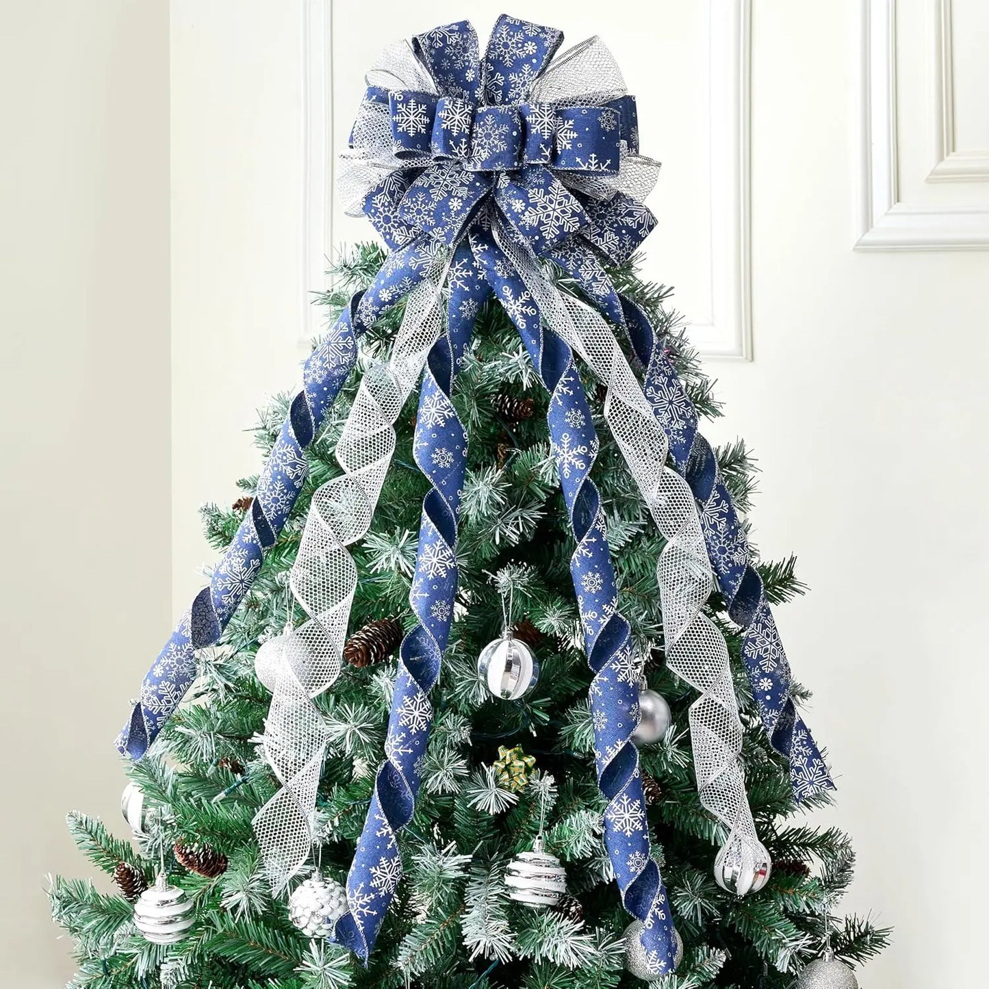 JOYFY 45 Inch Christmas Tree Topper Bow Blue Silver Ribbon Ornaments with Snowflakes Glitter for Xmas Holiday Themed Decoration