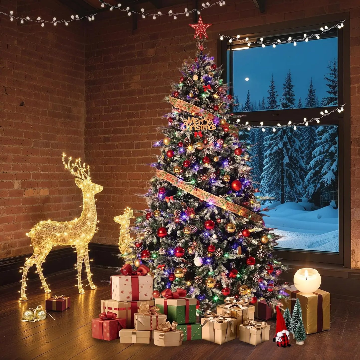 6Ft/7.5Ft/9Ft Pre-Lit Snow Flocked Christmas Tree 8-Modes LED Lights Prelit Artificial Tree With Fake Pine Cones For Home Decor