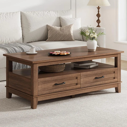 ANGDUO Farmhouse Coffee Table With Drawers Rustic Living
