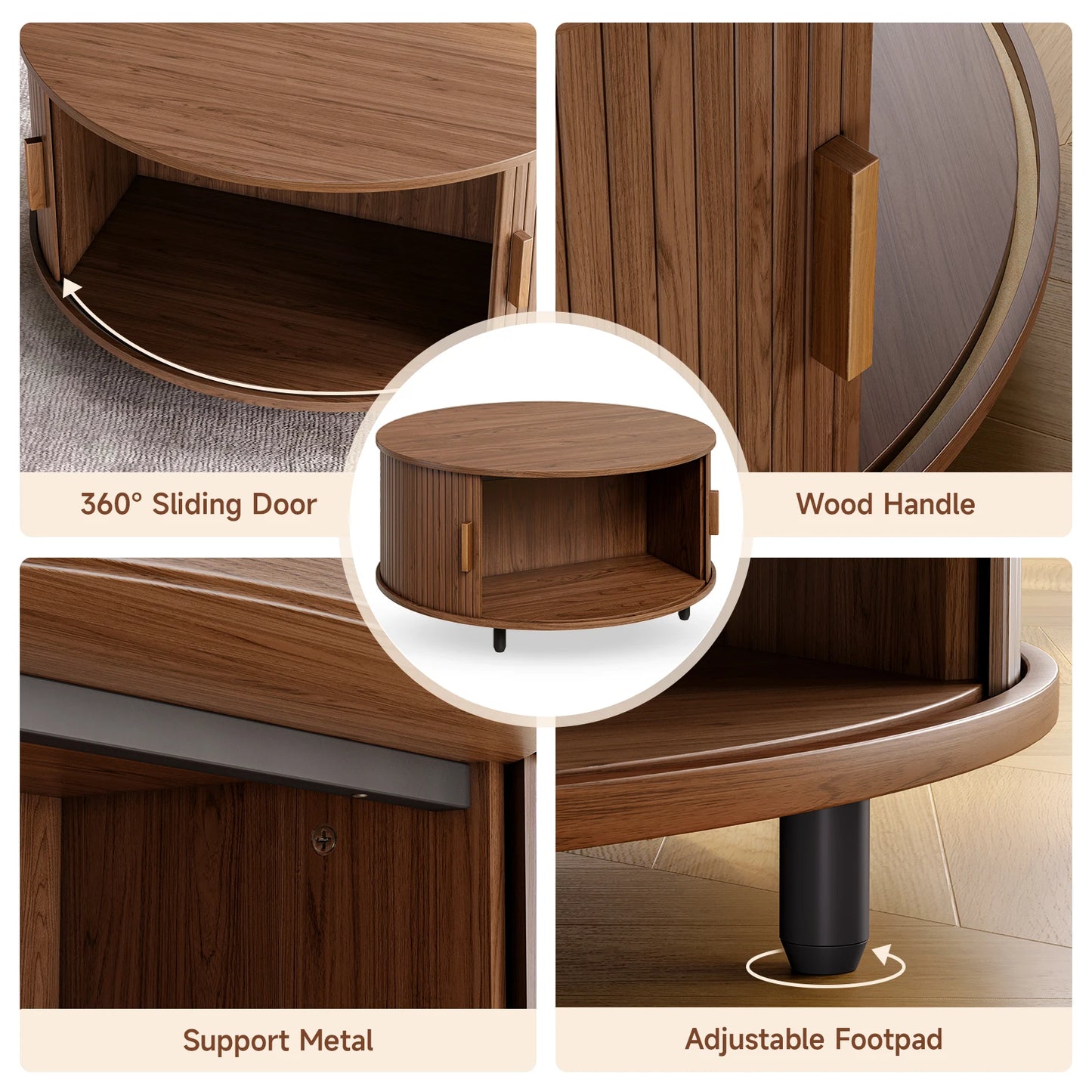 ONBRI Round Coffee Table With Storage And Sliding Door