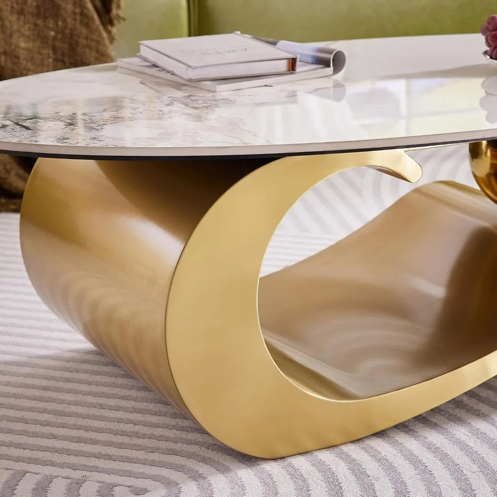 Guangbai Modern Oval Faux Marble Coffee Table Metal Base
