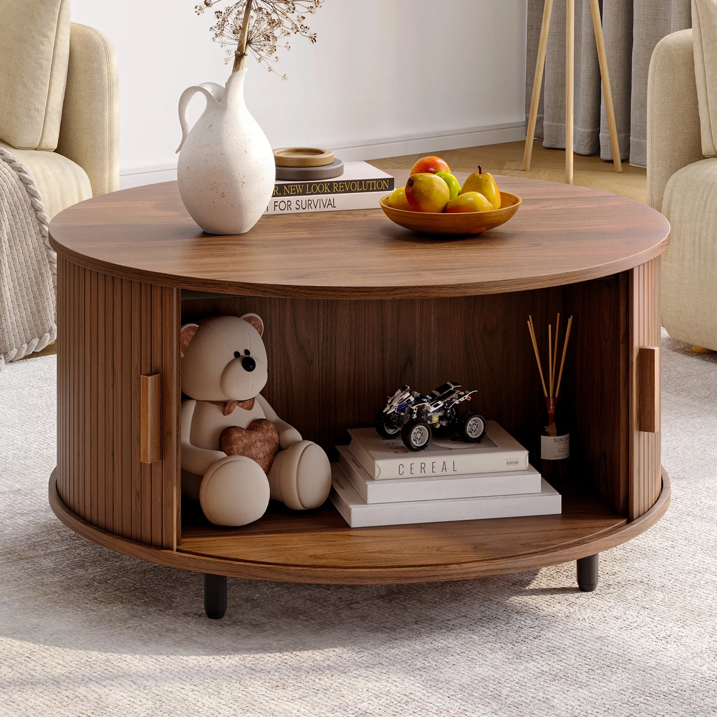 ONBRI Round Coffee Table With Storage And Sliding Door