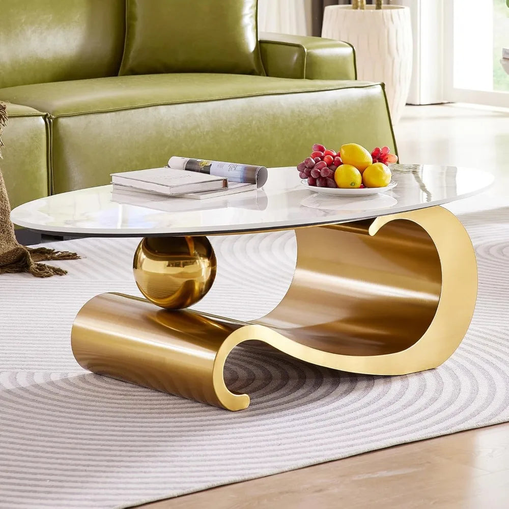 Guangbai Modern Oval Faux Marble Coffee Table Metal Base