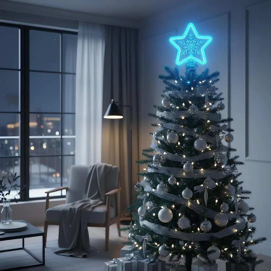 Christmas Star Tree Topper with LED Blue Light Snowflake Design USB or Battery Operated Perfect for Indoor Office and Home Holi