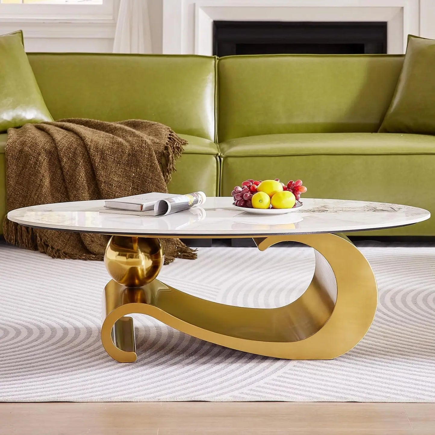 Guangbai Modern Oval Faux Marble Coffee Table Metal Base