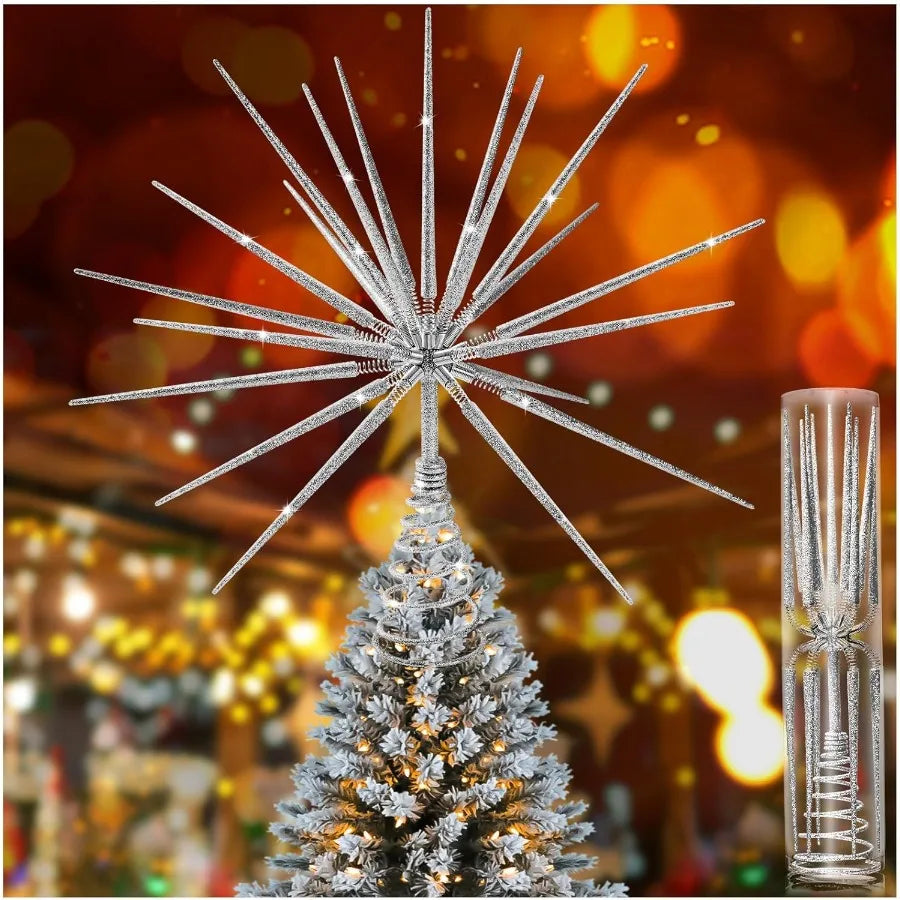 Elegant Silver Christmas Tree Topper 13.7 Inch with Star Burst Design for Holiday Decorations Perfect for Home Office and Event