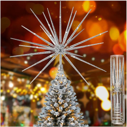 Elegant Silver Christmas Tree Topper 13.7 Inch with Star Burst Design for Holiday Decorations Perfect for Home Office and Event