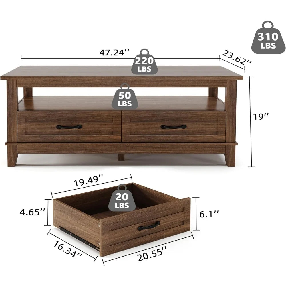 ANGDUO Farmhouse Coffee Table With Drawers Open Shelf