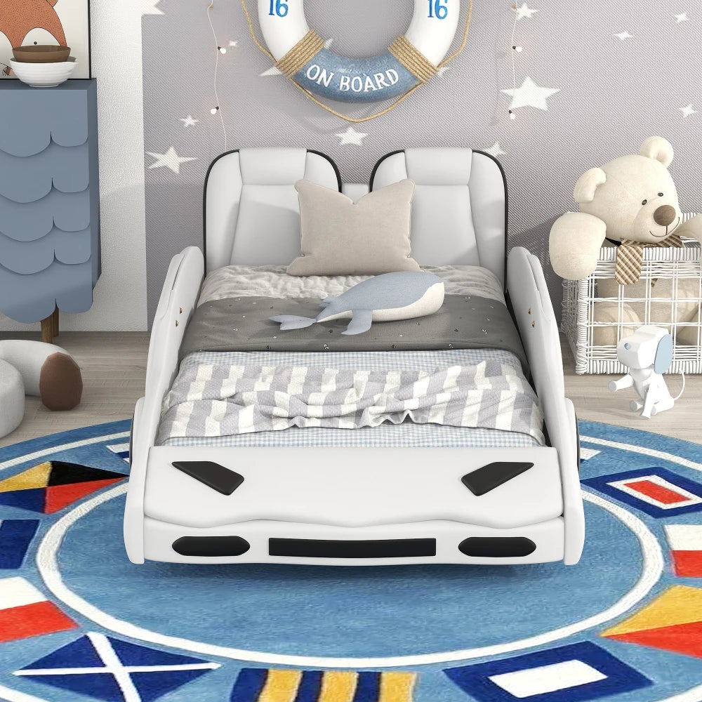 JUANLI Race Car Shaped Platform Bed With Wheels For Kids