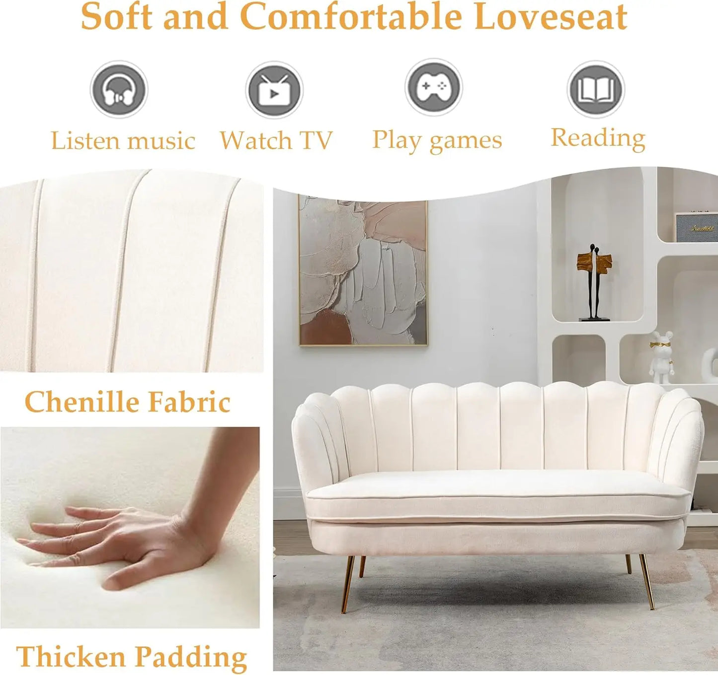 XMSJ Modern Chenille Loveseat Sofa Flower Back Gold Legs