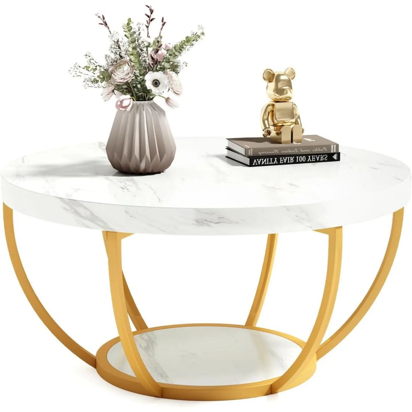 Little Tree Marble Circle Coffee Table With Gold Metal Legs