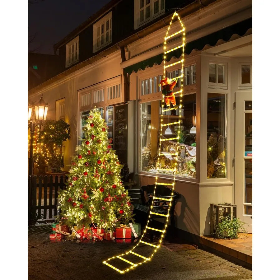 10ft Outdoor Christmas Decorative LED Ladder Lights with Climbing Santa Claus for Home Holiday Wall Window Decoration 8 Lightin