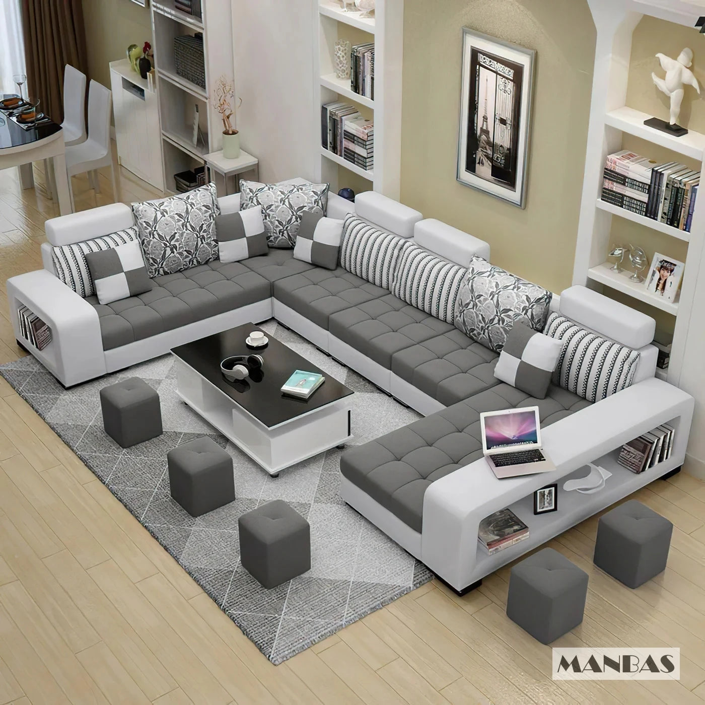 MINGDIBAO U Shaped Sectional Couch With Chaise Fabric Sofa