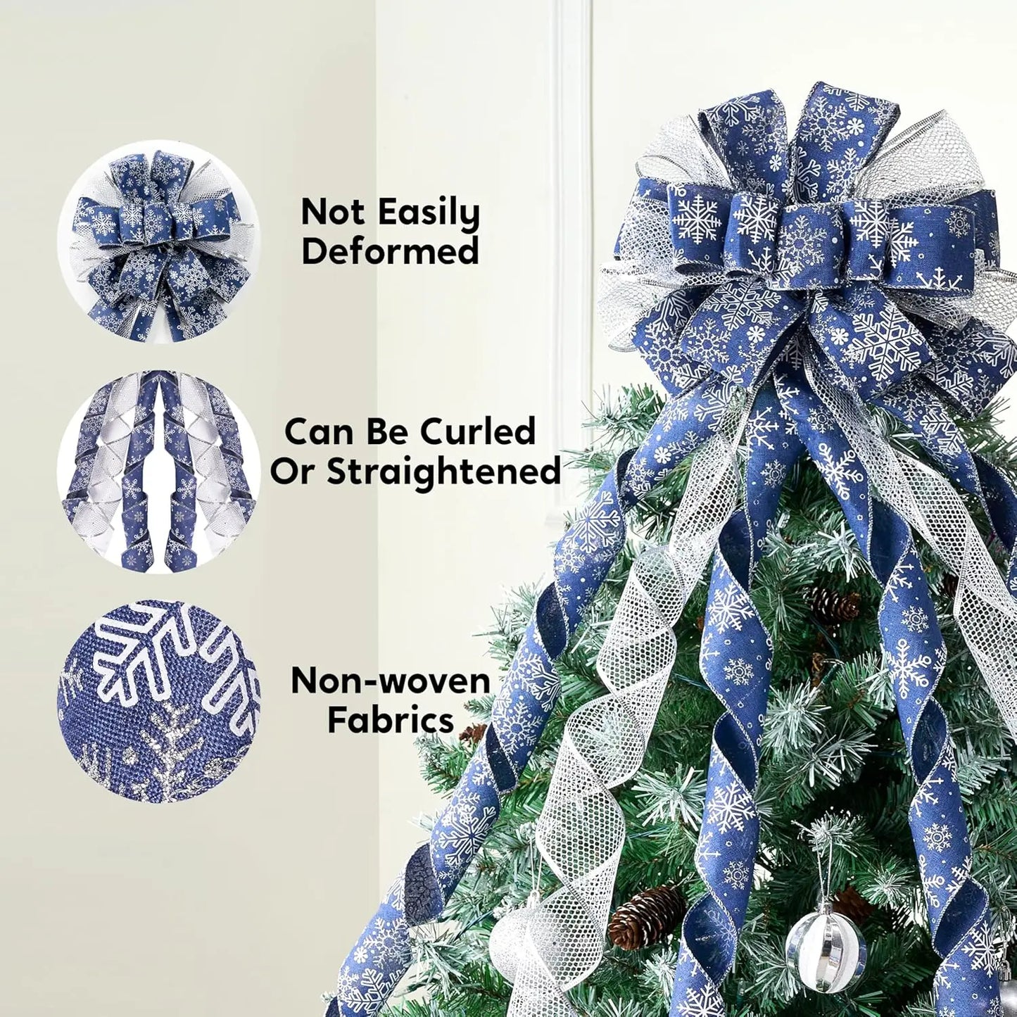 JOYFY 45 Inch Christmas Tree Topper Bow Blue Silver Ribbon Ornaments with Snowflakes Glitter for Xmas Holiday Themed Decoration