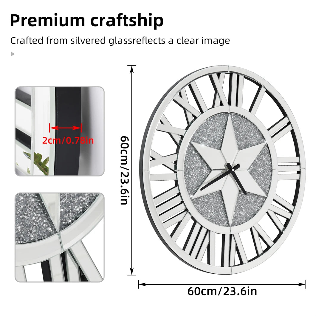 Combination Mirrored Wall Clock Round Beveled Roman Numeral