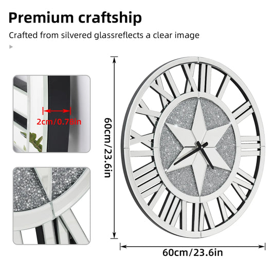 Combination Mirrored Wall Clock Round Beveled Roman Numeral