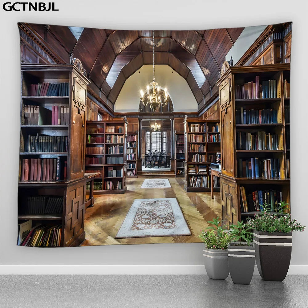 Library Tapestry Hanging Wall Classic Bookshelf Aesthetic Study Room Bedroom Room Home Decor Polyester Fabric Wall Tapestry