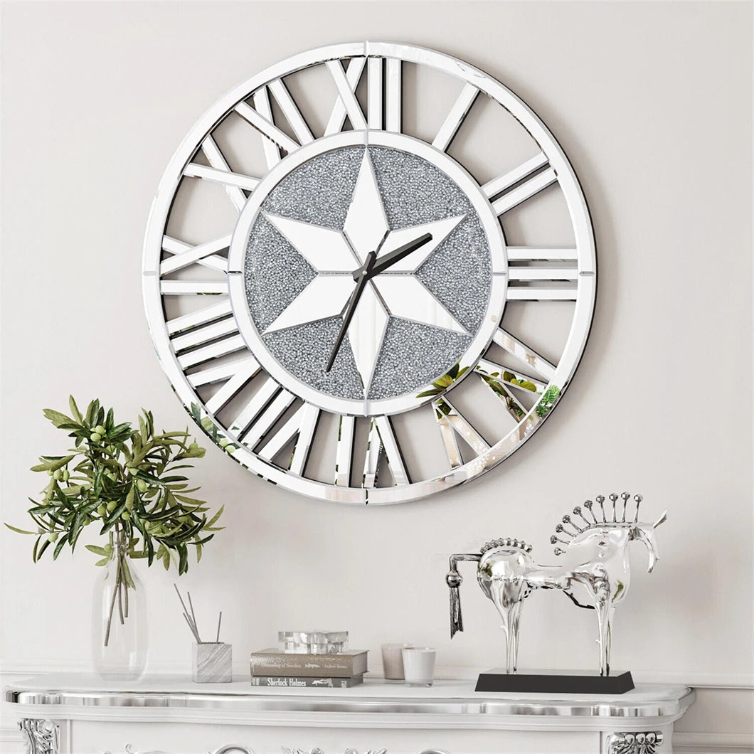 Combination Mirror Wall Clock Skeleton Roman Numeral Round