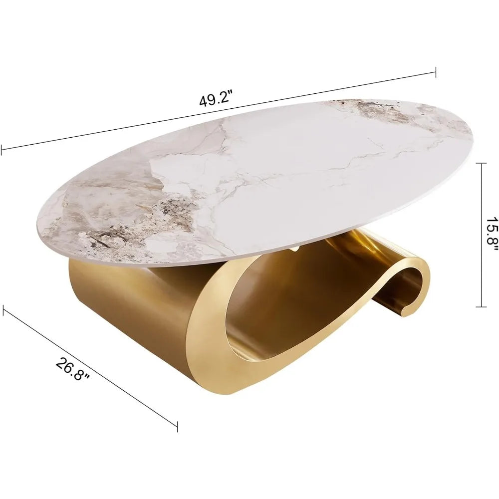 Guangbai Modern Oval Faux Marble Coffee Table Metal Base