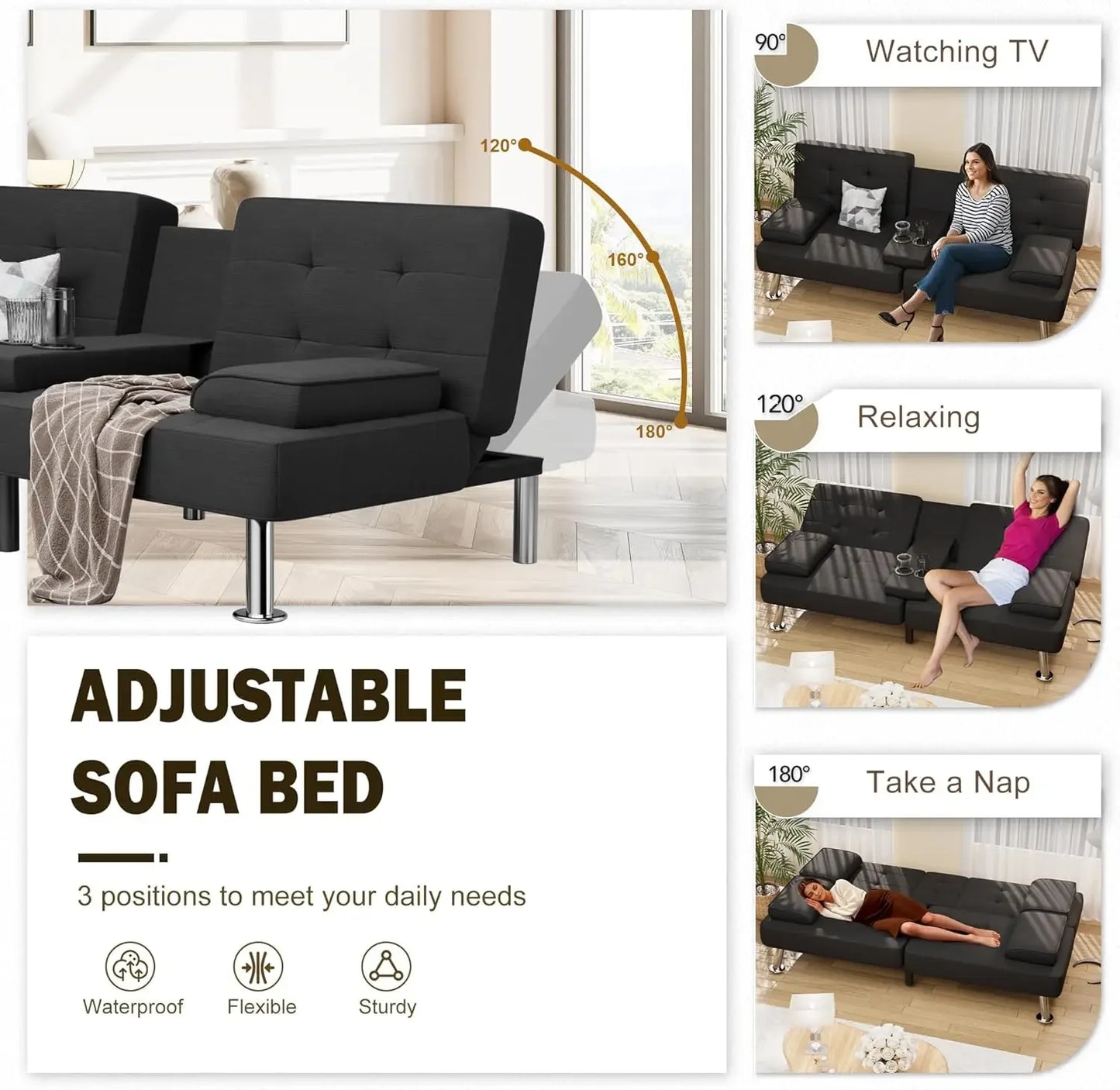 XMSJ Modern Linen Upholstered Convertible Futon Sofa Bed