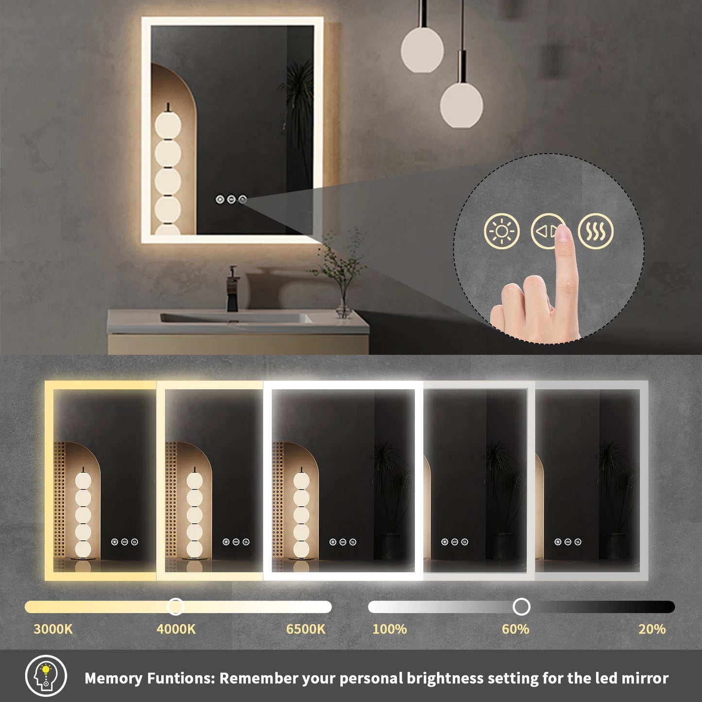 LED Lighted Bathroom Mirror Anti Fog Memory Function Button