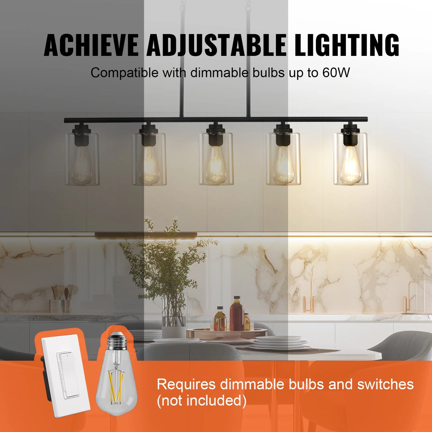 VEVOR 5 Light Kitchen Island Pendant Lights 60W Glass Shade