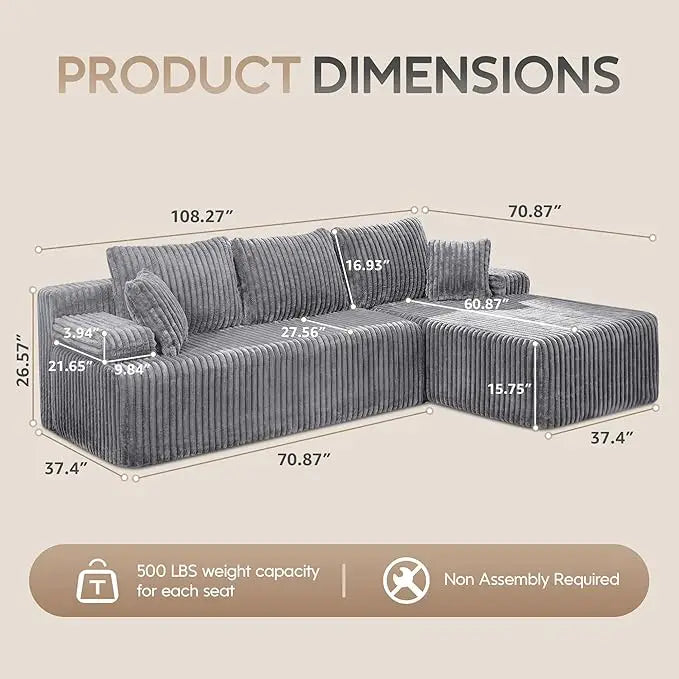HUANZHUANG Modular L Shaped 3 Seat Sectional Sofa Memory Foam