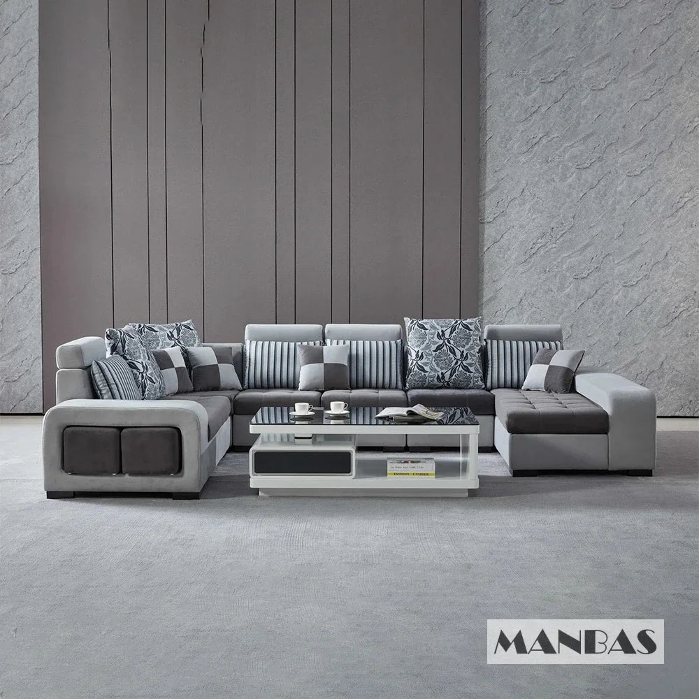 MINGDIBAO U Shaped Sectional Couch With Chaise Fabric Sofa