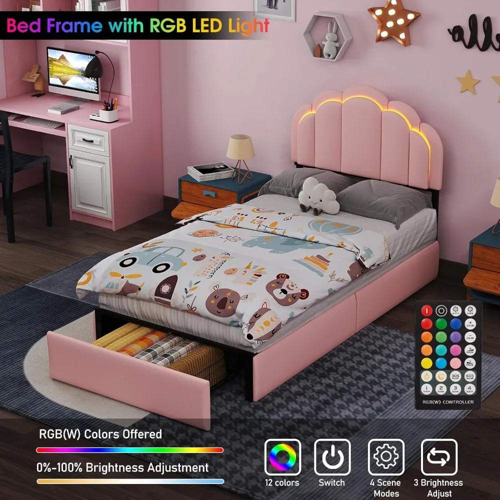 ANGDUO LED Bed Frame with Storage Drawers Petal Headboard