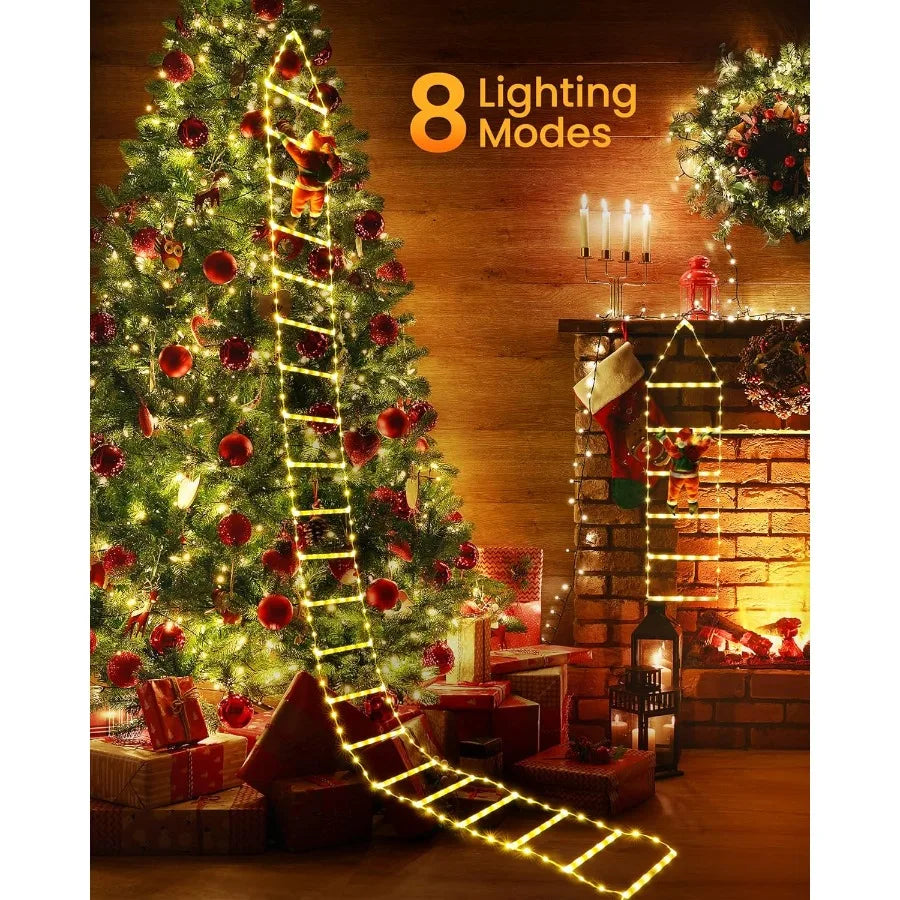 10ft Outdoor Christmas Decorative LED Ladder Lights with Climbing Santa Claus for Home Holiday Wall Window Decoration 8 Lightin