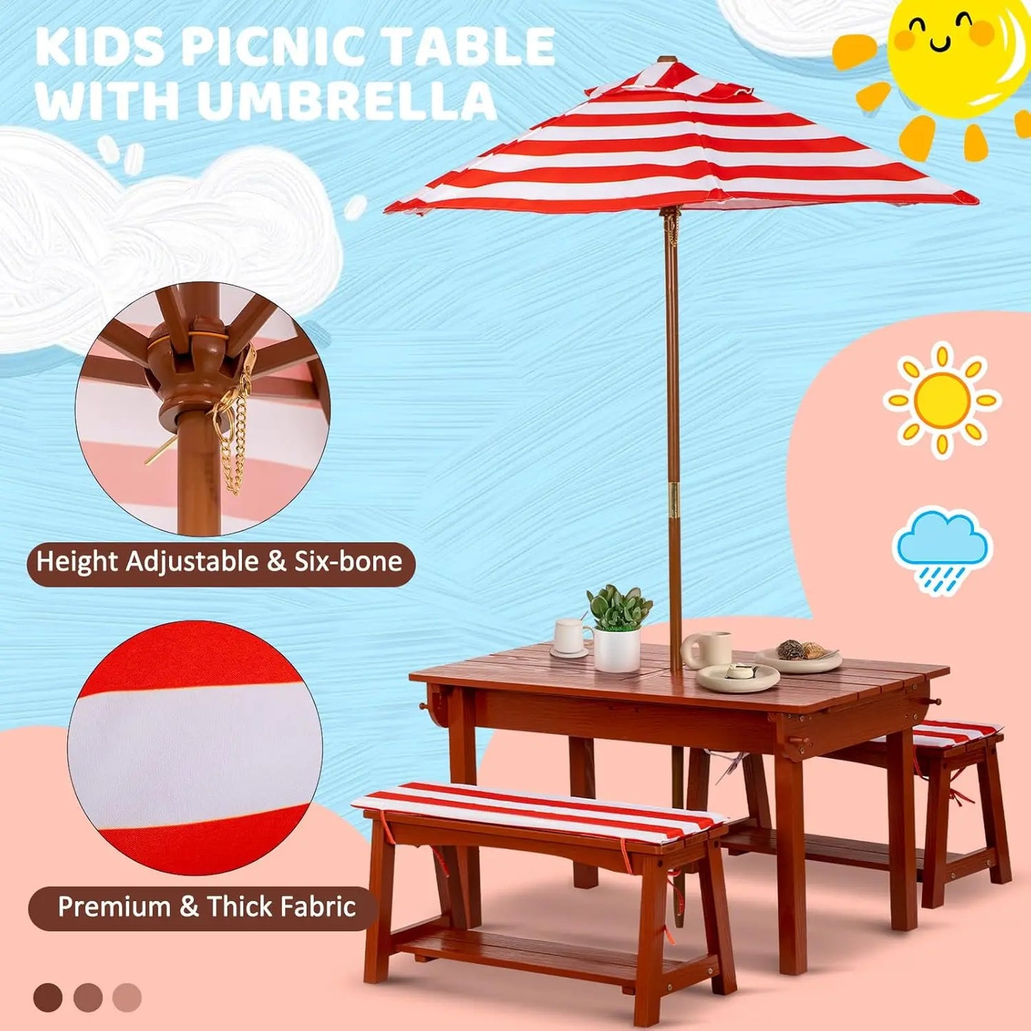 XMSJH Kids Picnic Table With Umbrella Outdoor Wooden Set