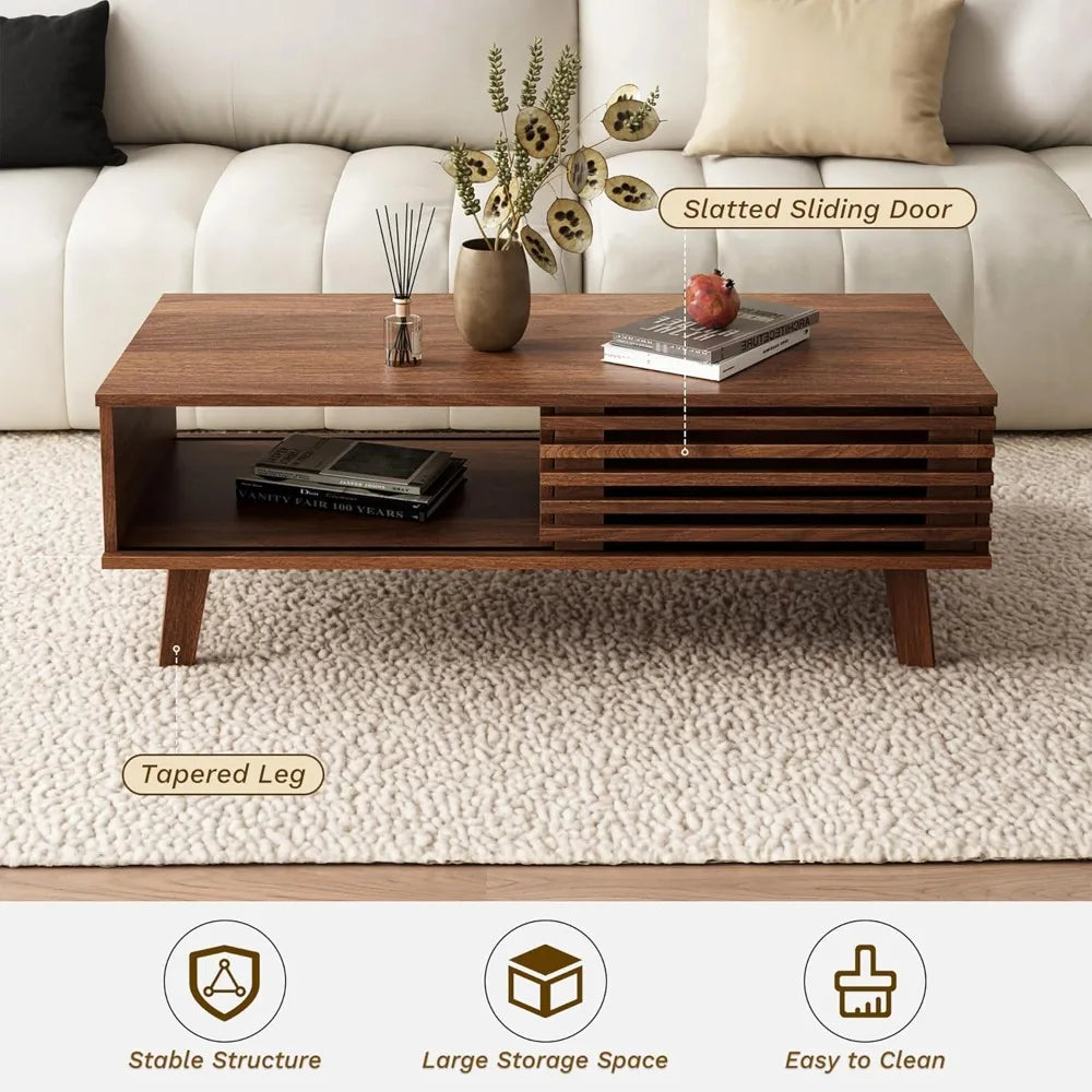 DAFIFY Mid Century Coffee Table With Storage Sliding Door