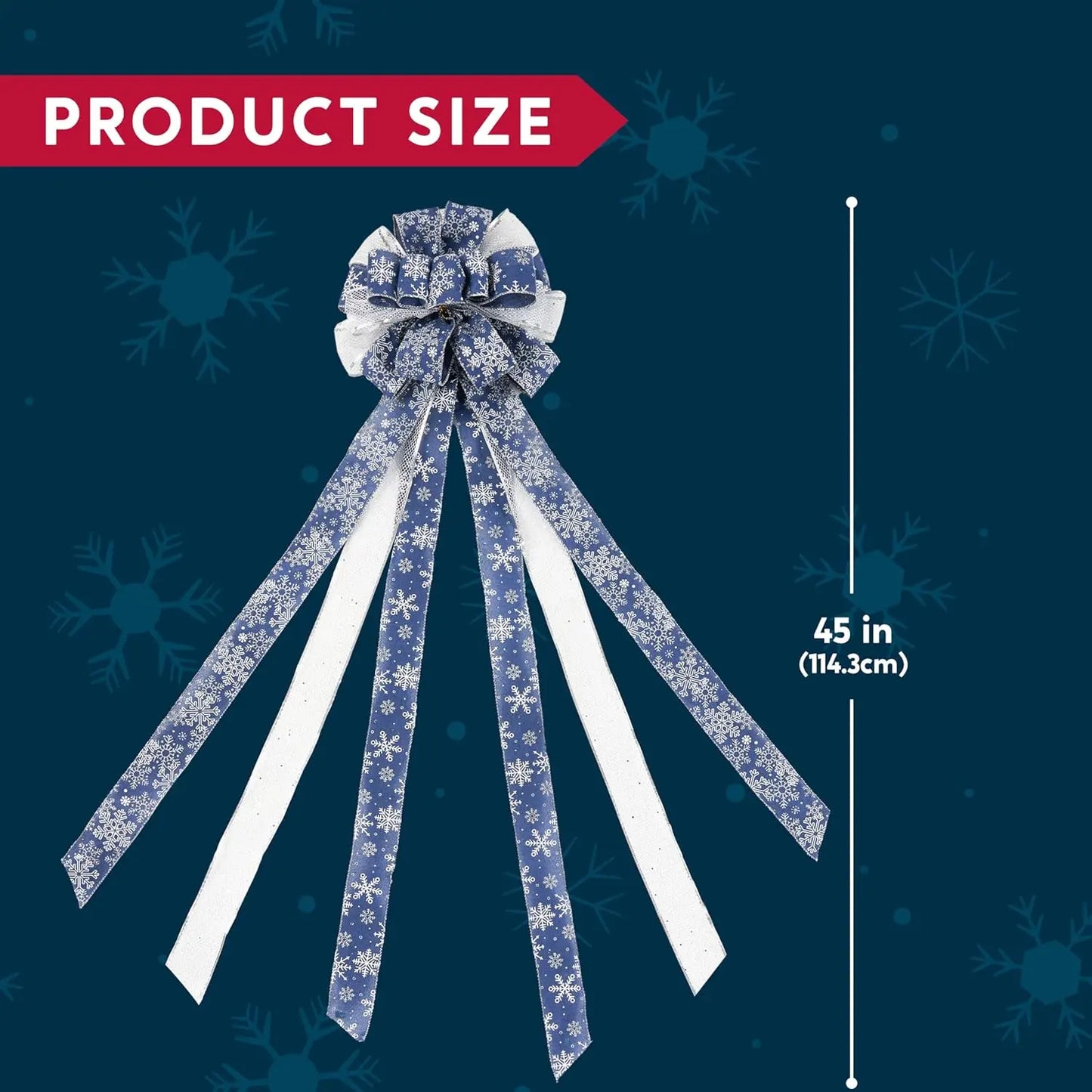 JOYFY 45 Inch Christmas Tree Topper Bow Blue Silver Ribbon Ornaments with Snowflakes Glitter for Xmas Holiday Themed Decoration